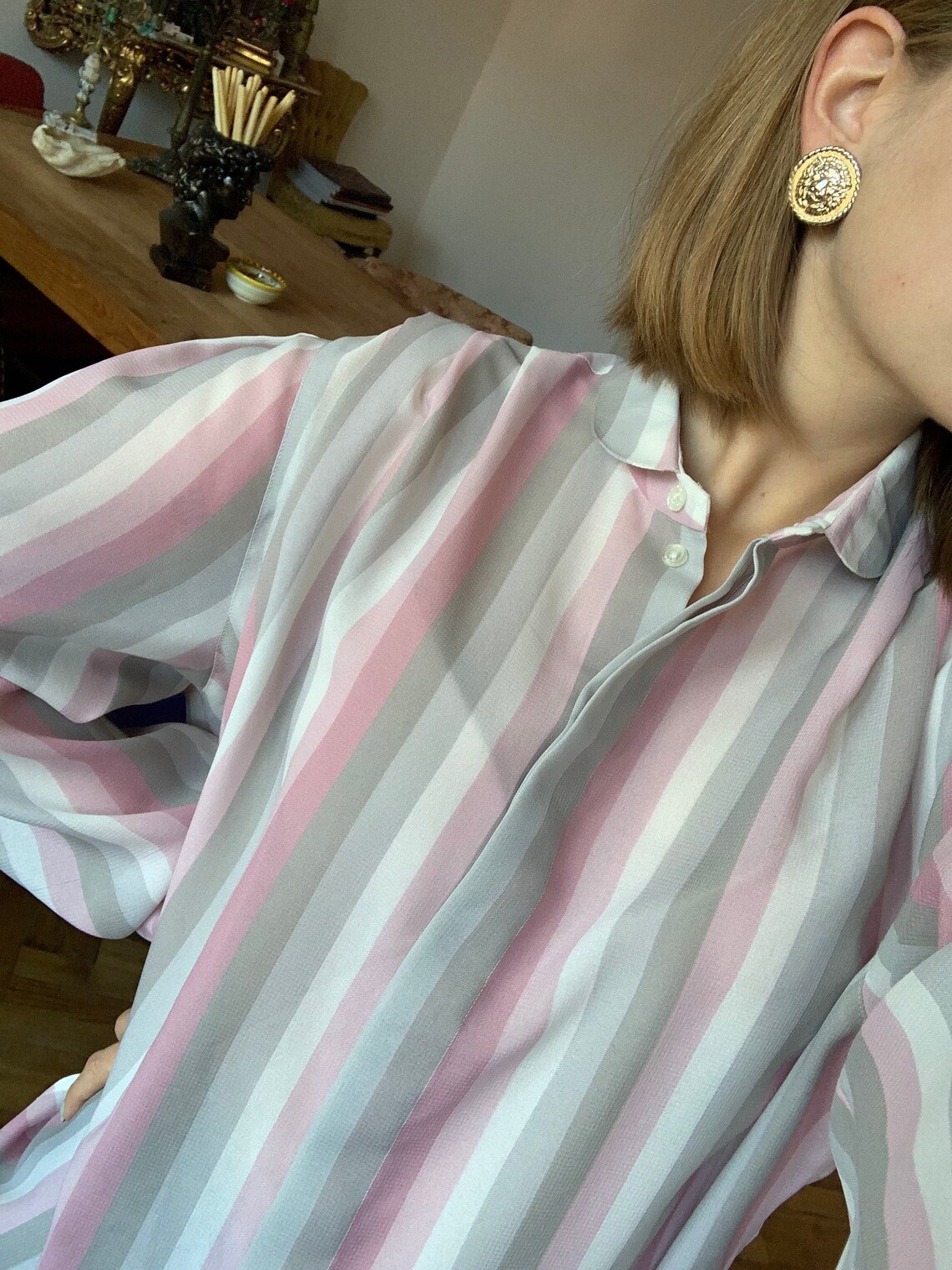 Vintage Grey Striped Blouse Pink Long Sleeve Shirt | Etsy