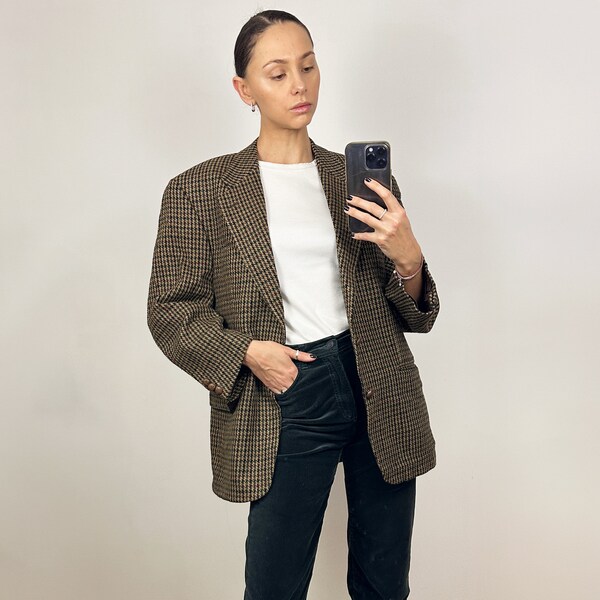 Vintage Beige Men' s Wool Blazer, Plaid wool Women' s Oversized blazer