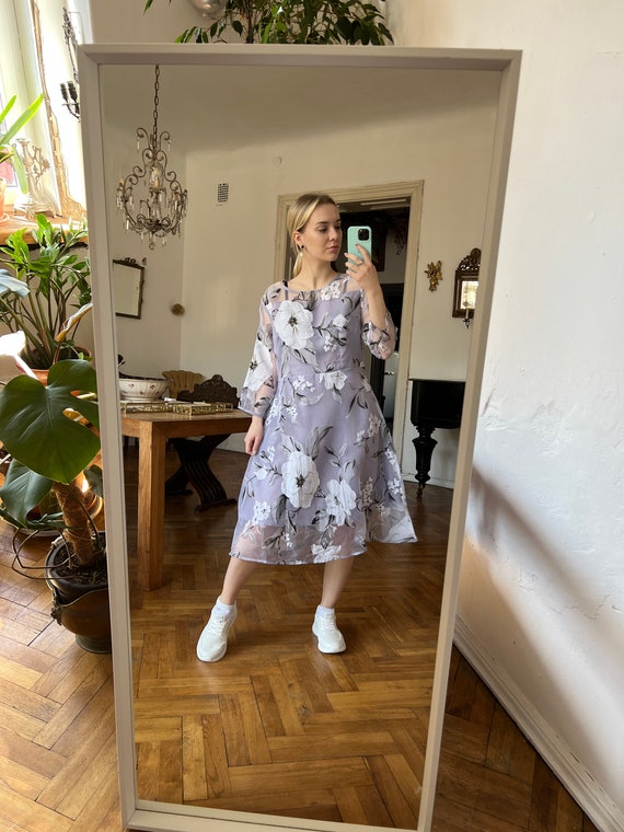 Vintage Lavender Floral Chiffon Midi Dress, Long Sleeve Semi-Sheer Midi Dress