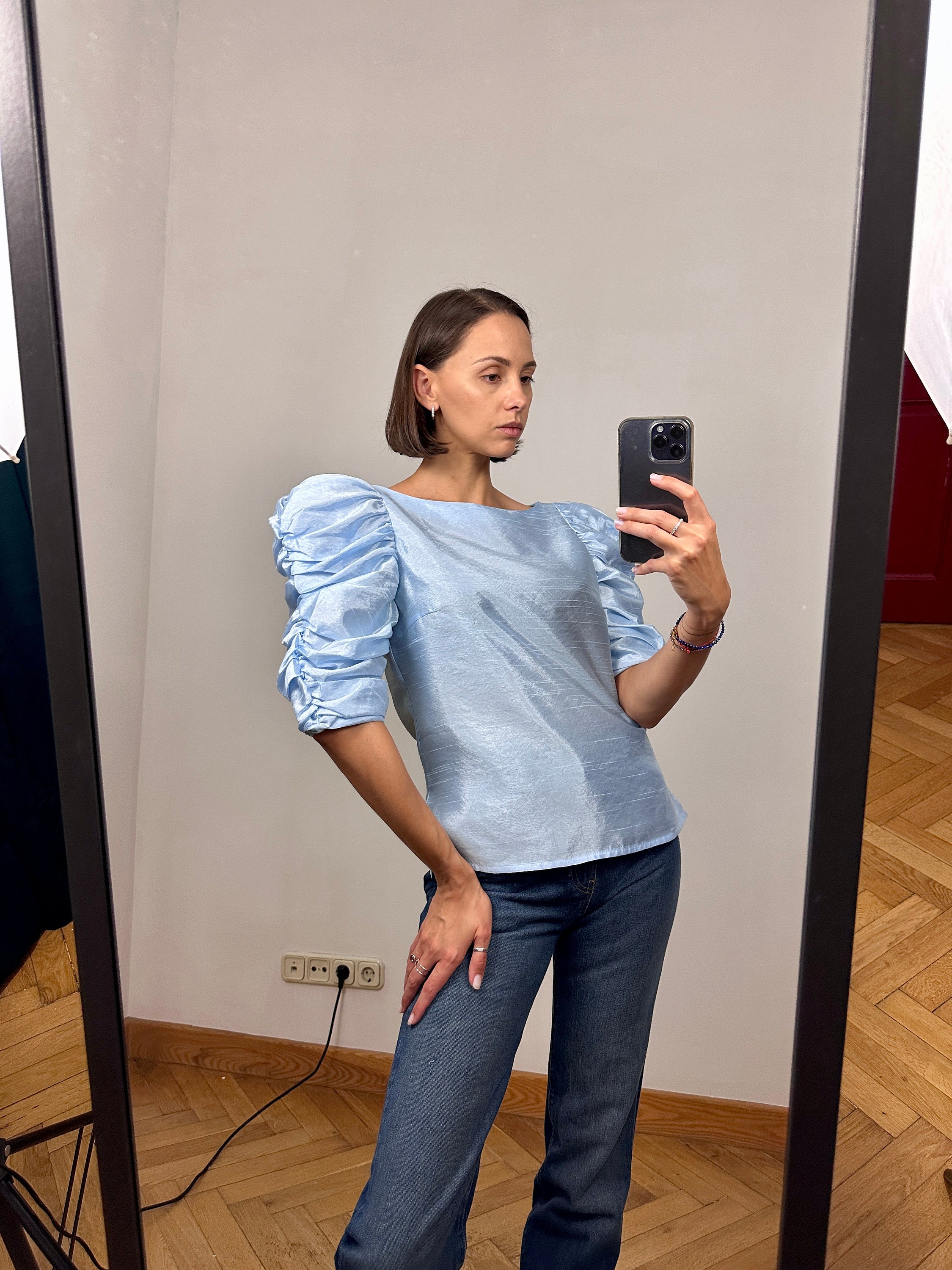 Vintage Light Blue Silky Puff Sleeve Blouse Silky Top Etsy UK