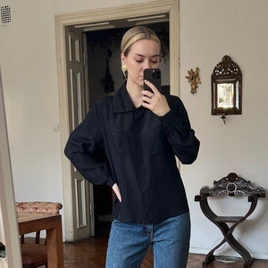 Vintage Black High Neck Blouse, Long Sleeve Shirt