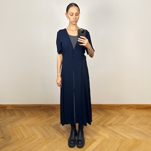 Vintage Navy Blue Short Sleeve Long Dress, Polka dot Button Down Summer Dress