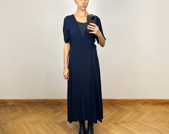 Vintage Navy Blue Short Sleeve Long Dress, Polka dot Button Down Summer Dress