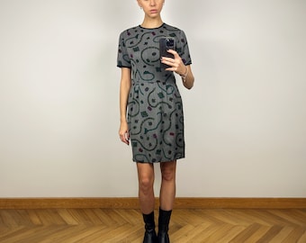 Vestido midi de manga corta de seda gris vintage, minivestido de tubo de seda