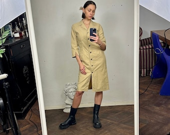 vintage Beige Midi Pencil Dress, Robe mi-longue boutonnée en coton