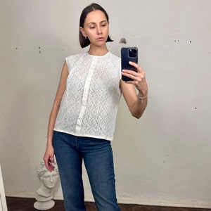 Vintage White Lace Blouse, Sleeveless Lace Top