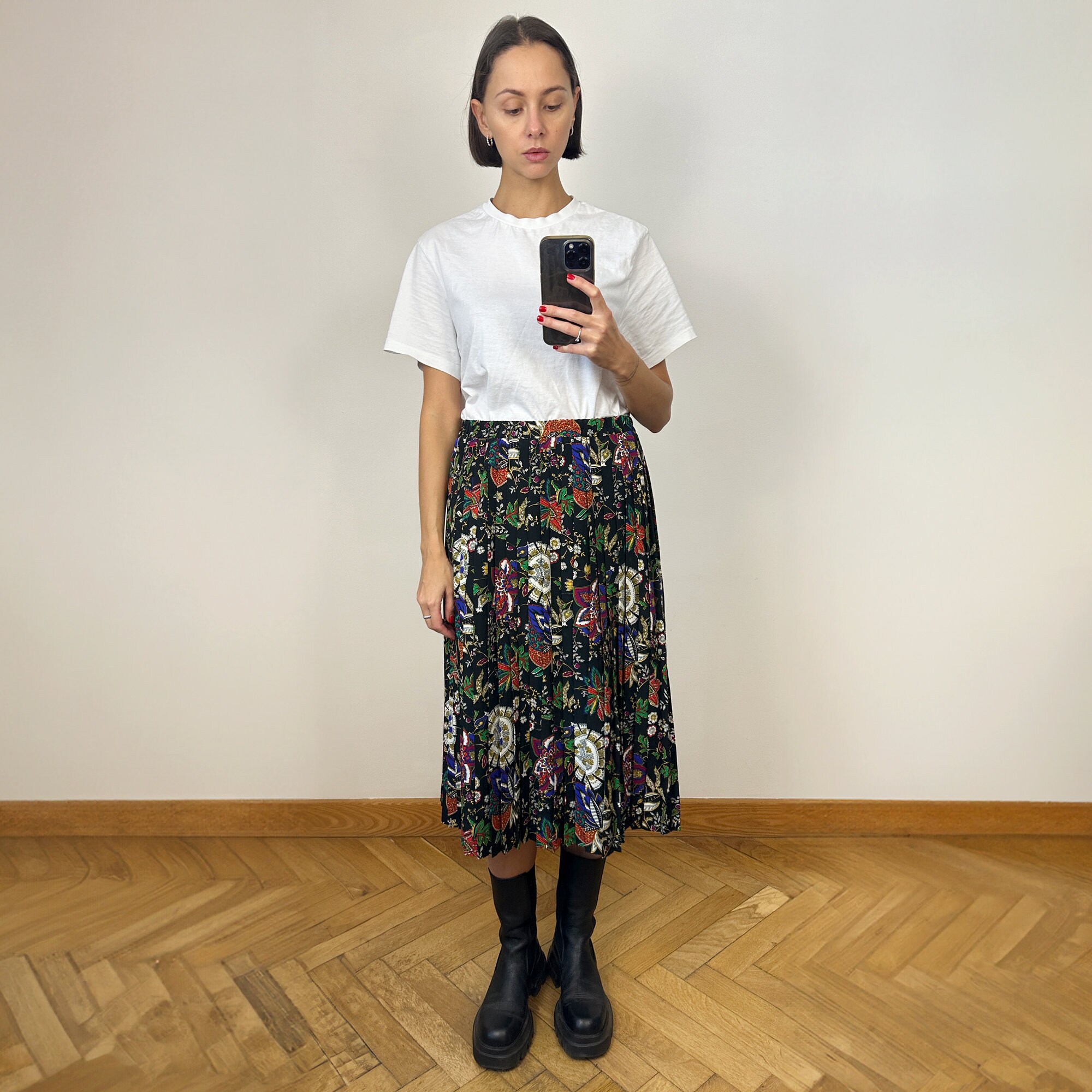 Black floral pleated midi skirt online