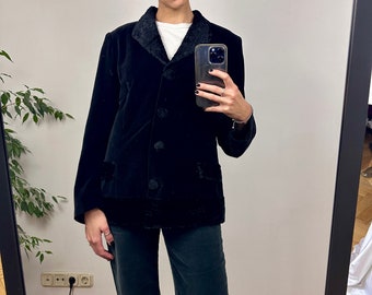 Blazer vintage de veludo preto, jaqueta de veludo elegante.