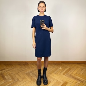 Vintage Navy Blue  Short Sleeve Wool Midi Dress, Blue Midi Dress