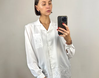 Vintage White Blouse, Long Sleeve Embroidered Top