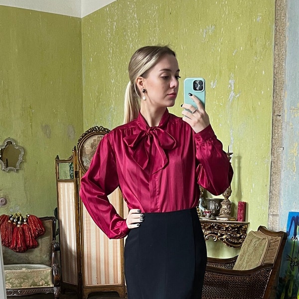 Vintage Pink Satin Pussybow Blouse, Long Sleeve Silky Top