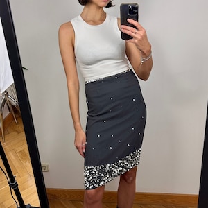 Vintage Grey Embellished High Waist  Midi Skirt, Sequin Pencil Skirt