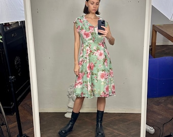 Vintage Chiffon Light Green Floral Midi Dress, Sleeveless Summer Dress