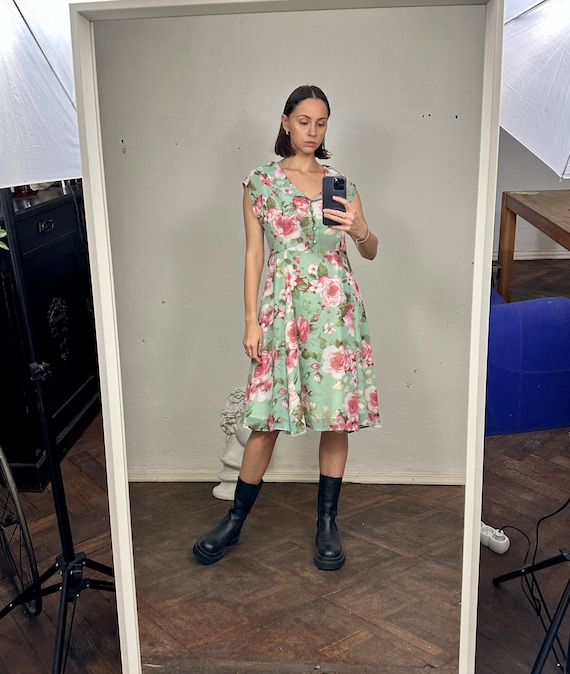 Vintage Chiffon Light Green Floral Midi Dress, Sleeveless Summer Dress -  Etsy