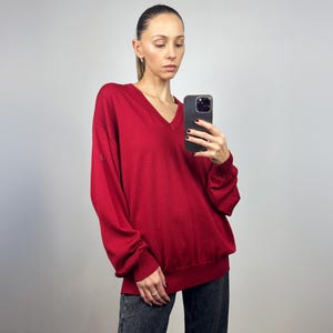 Vintage Red Wool Large Size Sweater, Lambswool Oversized Jumper