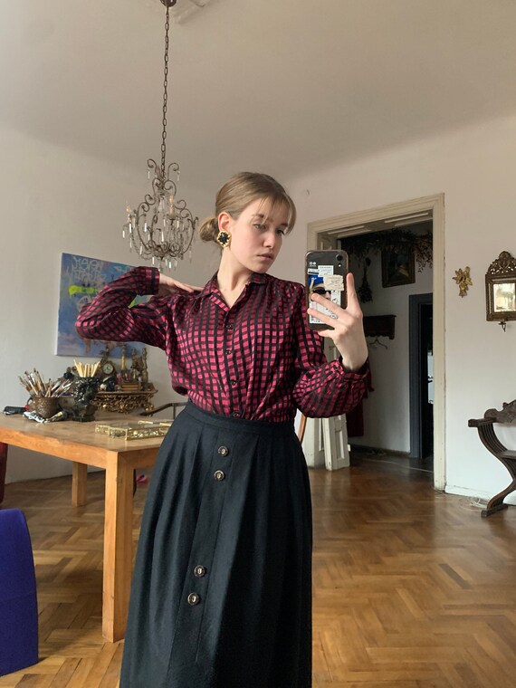 Vintage Pink Black Plaid Blouse Puff 