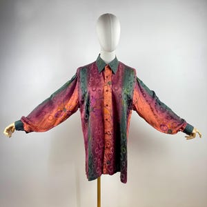 Vintage Multicolor Silk Blouse, Oversized Long Sleeve Silk Top