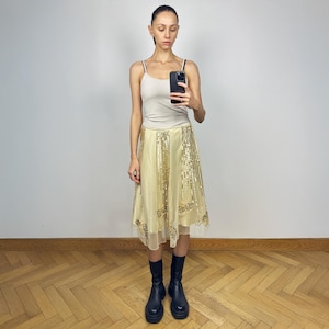 Vintage Cream Sequin Embroidered A-Line Midi Skirt, Embellished Silky Skirt