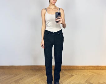 Pantalon en daim noir vintage, pantalon taille haute, pantalon en cuir suédé pour femme