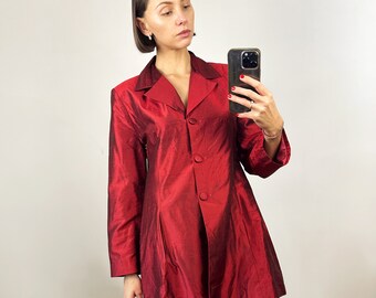 Vintage Burgundy Silk Elegant Blazer, Summer Women's Jacket
