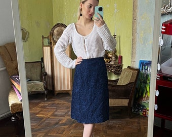 Vintage Navy Blue Embroidered Midi Skirt, High Waist Lace Skirt