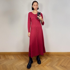 Vintage Red Polka Dot Long Dress, Long Sleeve Button Down Maxi Dress