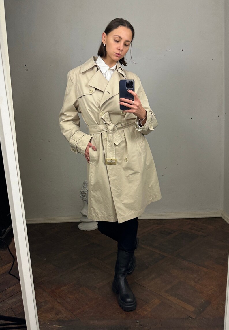 Vintage Beige Trench Coat, Light Cotton Coat, Midi Trench Coat with Tie Waist image 2