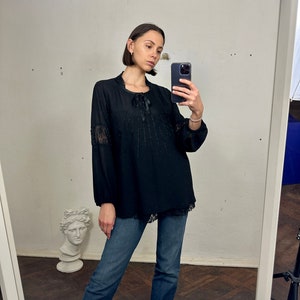 Vintage Black Embellished Blouse, Long Sleeve Semi-Sheer Embroidered Top