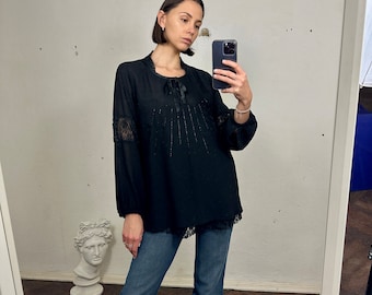 Vintage Black Embellished Blouse, Long Sleeve Semi-Sheer Embroidered Top