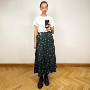 Vintage Green Wrap A-Line Midi Skirt, Khaki High Waist Cotton Full Skirt