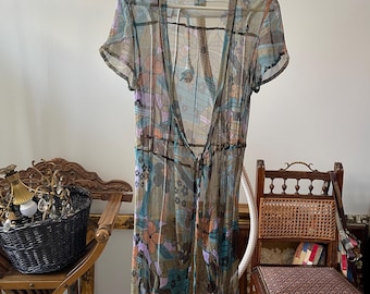 Vintage halvtransparent sidenblus, transparent omlotttopp i siden
