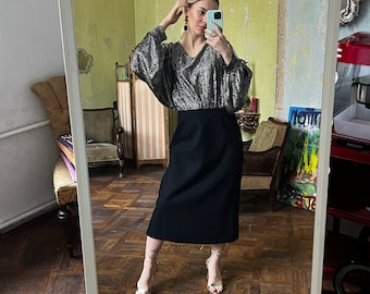 Vintage Black Wool Midi Skirt, High Waist Wool Blend Long Skirt