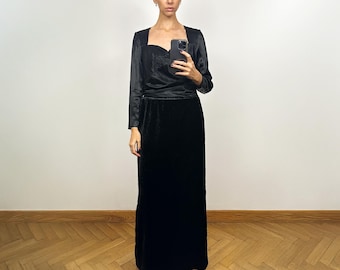 Vintage Black Velvet Long Dress,Black Satin Evening Dress