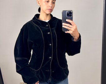 Vintage Black Crop Velvet Blazer, Elegancka aksamitna kurtka
