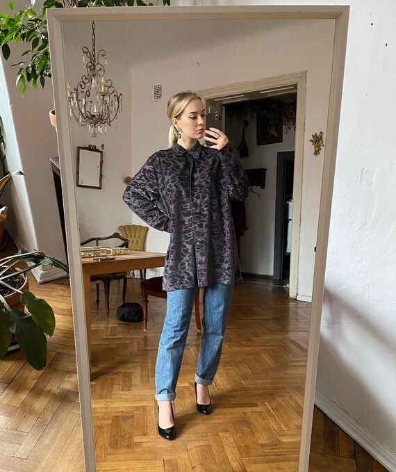 Vintage Grey Velvet Floral Blouse Long 