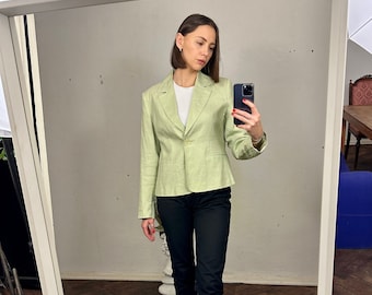 Vintage Light Green Linen Crop Elegant Blazer, Summer Women's Jacket