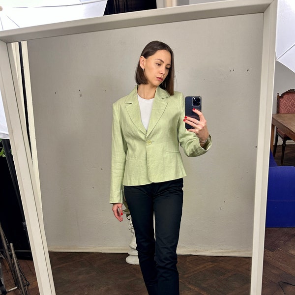 Vintage Light Green Linen Crop Elegant Blazer, Summer Women's Jacket