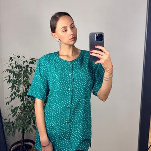Vintage Green Silk Blouse, Short Sleeve Silk Shirt