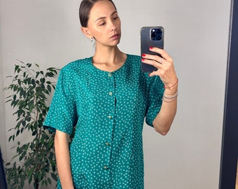Blusa de seda verde vintage, camisa de seda de manga corta