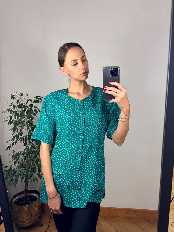 Vintage Green Silk Blouse, Short Sleeve Silk Shirt