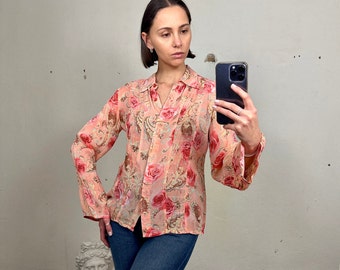 Vintage Pink Sheer Floral Blouse, Long Sleeve Semi-Sheer Top