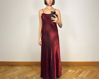 Vintage Red Sleeveless Long Dress, Burgundy Silky Maxi Dress