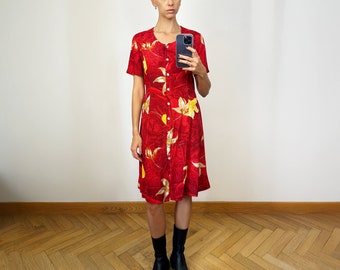 Vintage Red Floral Midi Dress with Mother of Pearl Buttons , Tropical Design Summer Dress