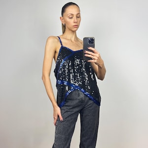 Vintage Black Sleeveless Embellished Silk Blouse,  Sleeveless Beaded Sequin Top