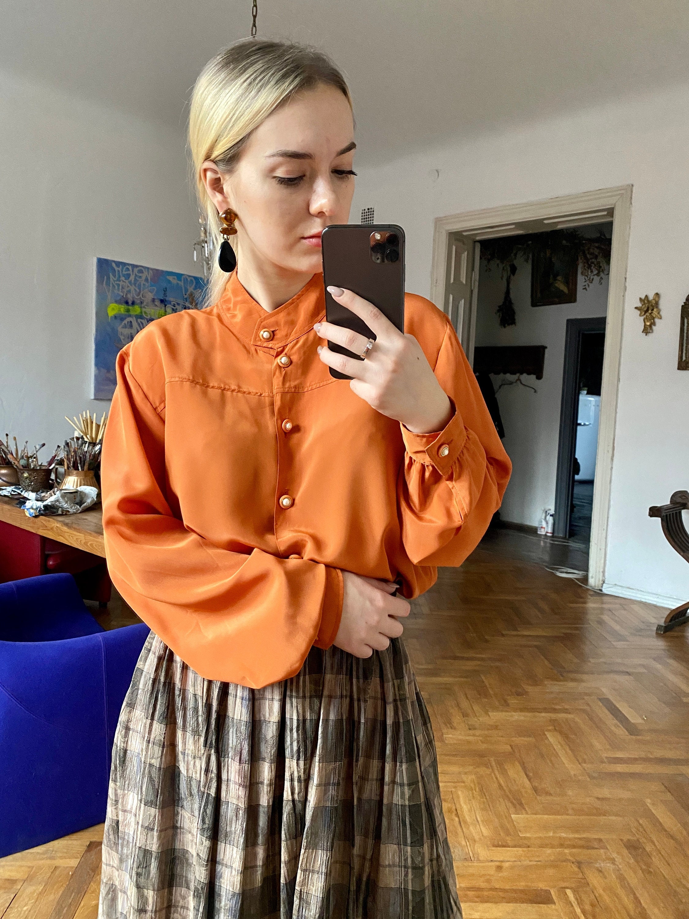 brown high neck blouse