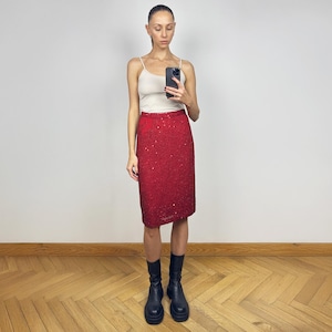 Vintage Red Sequin Midi Skirt , Party Sparkle Beaded Skirt