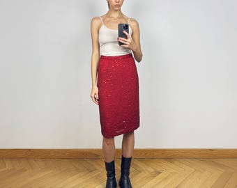 Falda midi vintage con lentejuelas rojas, falda de fiesta con cuentas brillantes
