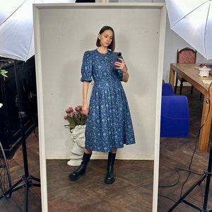 Vintage Austrian Blue Floral Dress , Short Sleeve Midi Dress