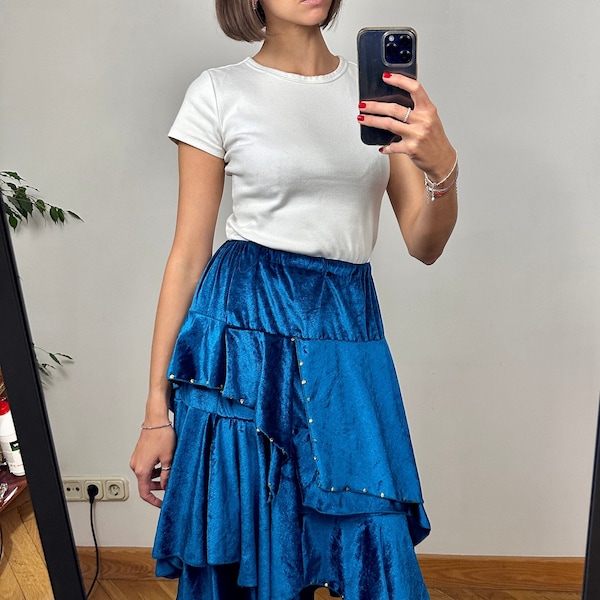 Vintage Blue Velvet Ruffle Midi Skirt, Velour A-Line Skirt