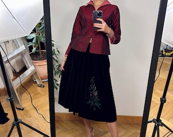 Vintage Black Velvet Midi Skirt, Long Velour A-Line Skirt